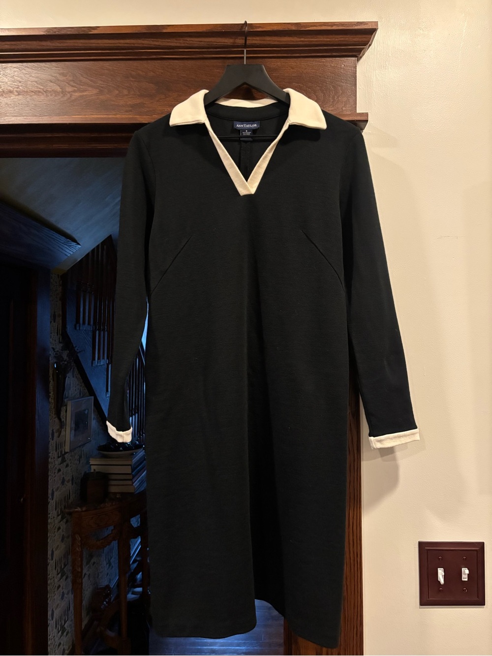 Black Long-Sleeve Collared Dress with Cream Trim